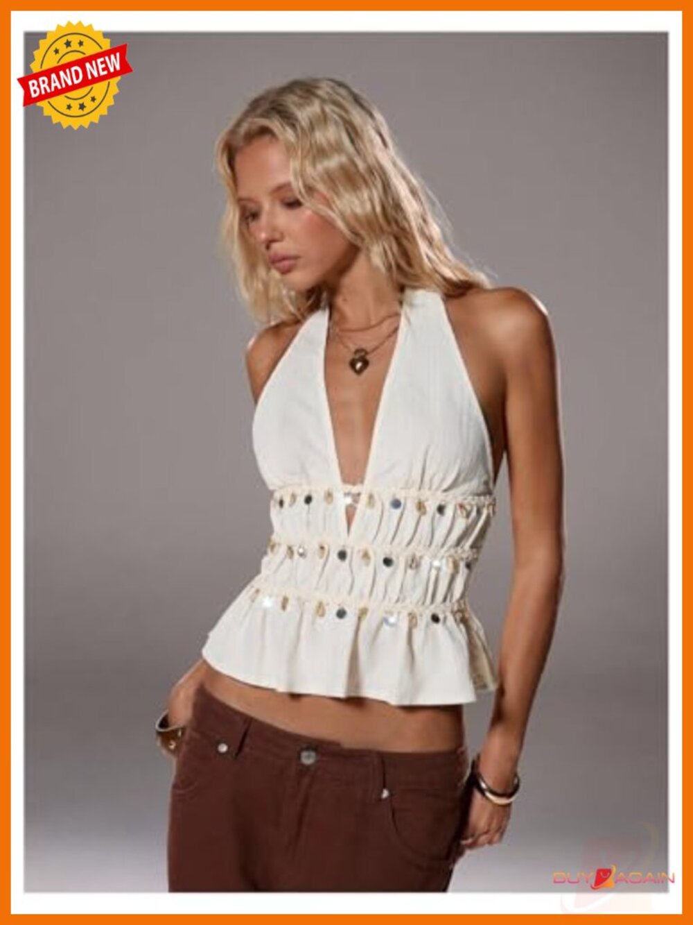 Deep V Halter Top Backless Beaded Ruched Ruffle Going Out Tank - Picture 4 of 6